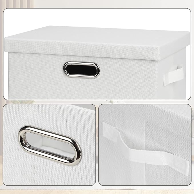 Medium 15" 21 Quart Collapsible Stackable Storage Bins with Lids, 1 Pack White Foldable Fabric Closet Storage Boxes with Lids, 4 Handles Heavy-duty Linen Cube Baskets for Bedroom-Ruum Studio Home