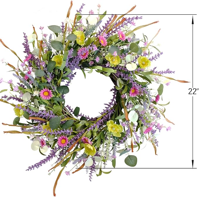 Idyllic 20 Inch Spring Summer Wild Flower Artificial Daisy Front Door Wreath, Everyday Greenery Eucalyptus Leaves for Indoor and Outdoor Use, Rustic Farmhouse Style Home Wreath Decor-Ruum Studio Home