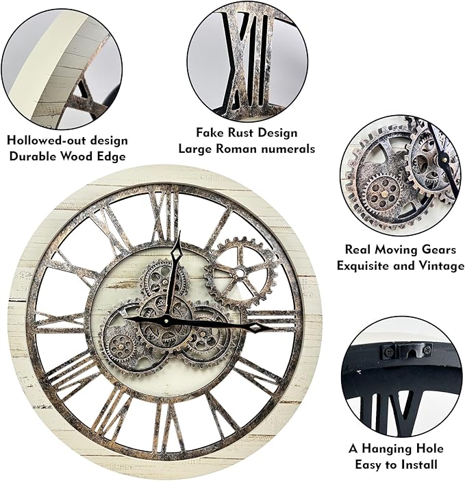 The B-Style Large Wall Clock 24 inch Moving Gear Wall Clock Oversized Vintage Farmhouse Wall Clocks for Living Room Decor Rustic Industrial Wood Clock (Desert Beige, 24 inch/60cm)-Ruum Studio Home