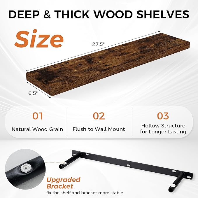 Fun Memories Floating Shelves for Wall, 27.5" Rustic Wood Deep Wall Mounted Shelves with Invisible Brackets for Decor & Storage, Floating Shelf for Living Room, Bathroom (Rustic Brown, Set of 2)-Ruum Studio Home