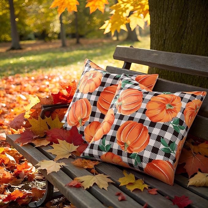 decorUhome Fall Orange Pumpkin Decorative Throw Pillow Covers 18x18 Set of 2, Buffalo Plaid Check Farmhouse Cushion Covers for Autumn Harvest Couch Sofa Bed Home Decor-Ruum Studio Home