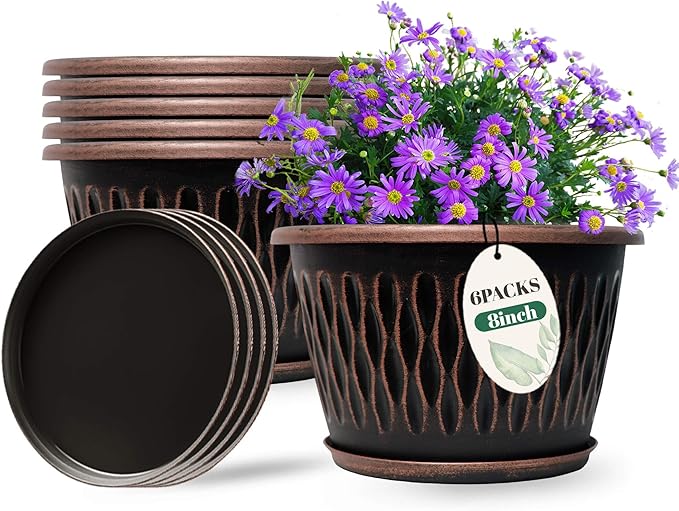 6 Pack 8 Inch Retro Plant Pots, Vintage Striped Flower Pots with Drainage Hole & Saucer, Large Plastic Planters for Indoor and Outdoor Plants, Decorative Garden Pots(Copper)-Ruum Studio Home