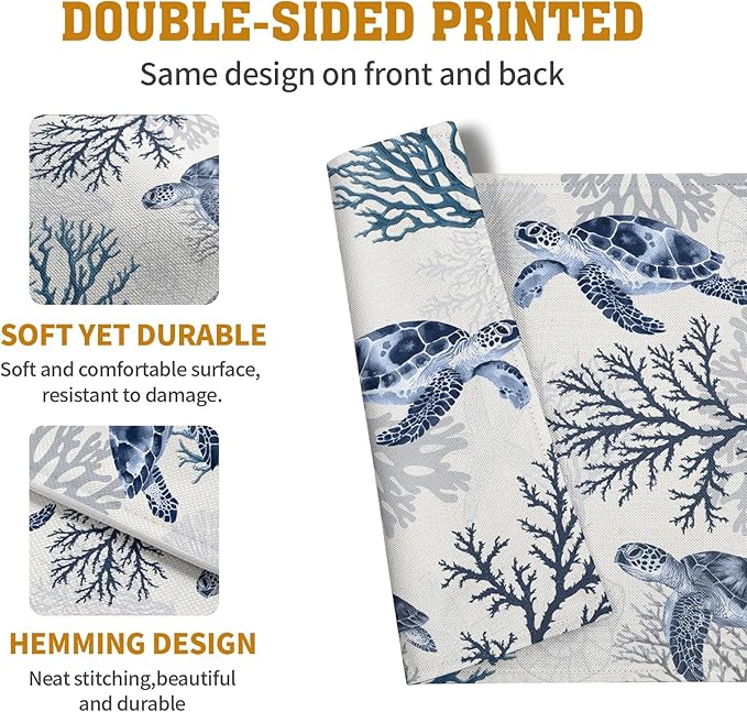 Coastal Beach Placemats Set of 4 Nautical Theme Coral Sea Turtle Navy Blue Place Mat 12x18 Inch Seasonal Summer Ocean Washable Linen Fabric Table Mats for Party Kitchen Dining Decoration-Ruum Studio Home