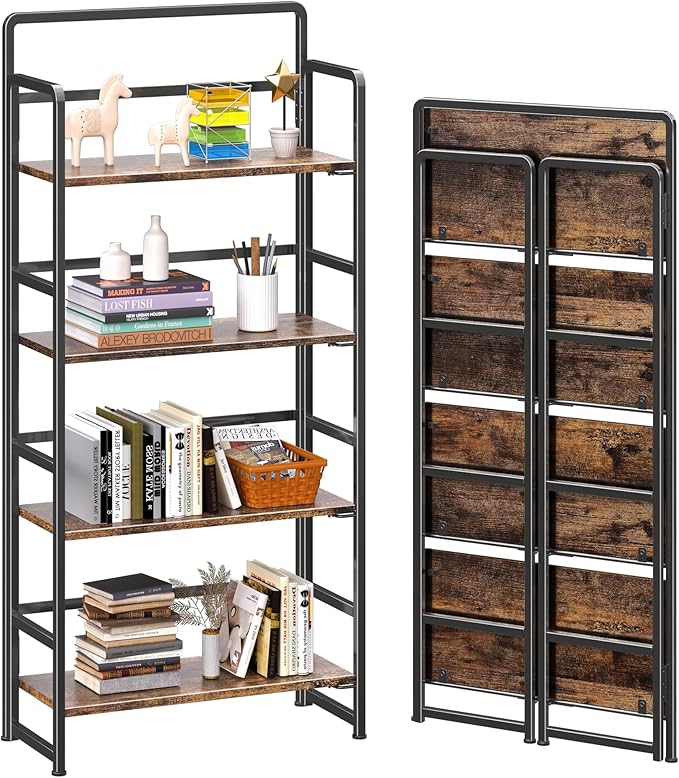 4NM No Assembly Foldable Bookshelf, 4-Shelf Collapsible Bookcase Storage for Small Spaces, 54" H, Rustic Brown and Black-Ruum Studio Home