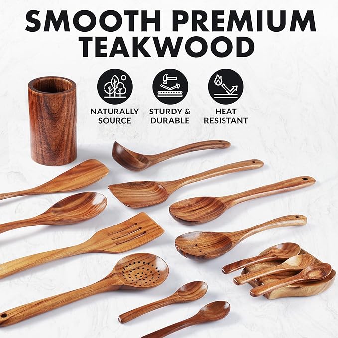 Zulay Kitchen 15-Piece Teak Wooden Utensils for Cooking - Natural Teak Utensil Set with Premium Gift Box - Non-Stick Wooden Spoons for Cooking - Kitchen Gift Set - Comfortable Grip Wooden Utensil Set-Ruum Studio Home