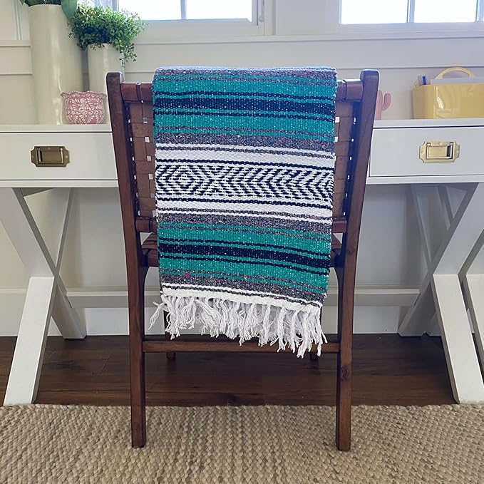 Del Mex Classic Mexican Blanket, Large Authentic Woven Falsa Throw (70"x50"), Artisan Southwest Décor for Beach, Yoga, Outdoors (Teal)-Ruum Studio Home