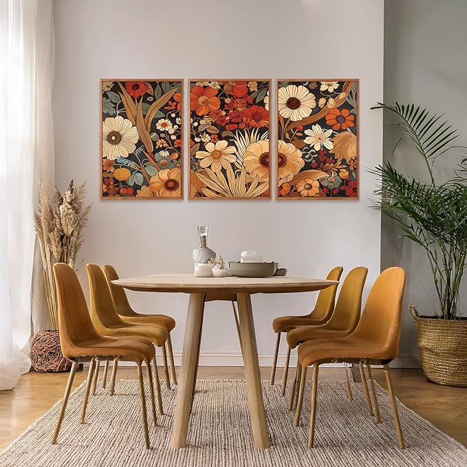 Aurlan Boho Burnt Orange Terracotta Wildflowers Framed Wall Art(16"x24"), 3 PCS Abstract Floral 3D Textured Canvas Artwork, Large Modern Vintage Botanical Nature Art Wall Decor for Home Office Living Room Bedroom-Ruum Studio Home