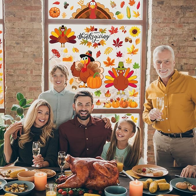 9 Sheets Thanksgiving Window Clings, 115PCS Thanksgiving Decorations Window Stickers, Turkey Decal Stickers with Cute Cones Nuts Maple Leaves Patterns for Fall Harvest Decorations Decor Accessories-Ruum Studio Home