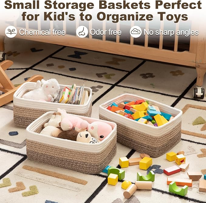 3 Pack Small Storage Baskets for Organizing, Cute Woven Decorative Gift Baskets for Shelves, Mini Closet Organizer Bins with Handles-13''Lx8.66''Wx5.11''H-Brown White-Ruum Studio Home