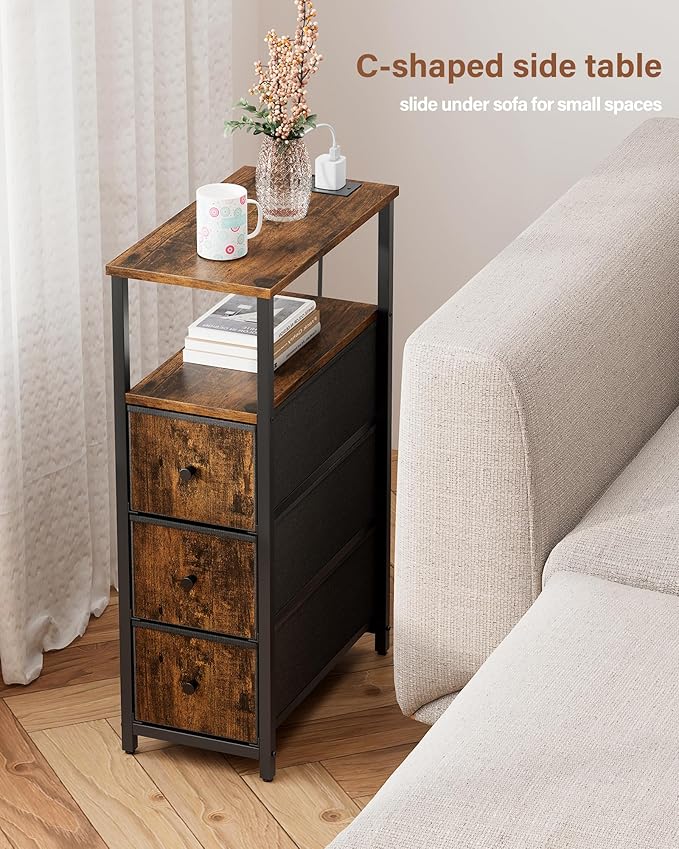 TUTOTAK Narrow Night Stand with Charging Station, Slim End Table with Plugins, Tall Side Table with 3 Fabric Drawer, Small Bedside Table with Storage, Living Room, Bedroom, Brown TB01BB086