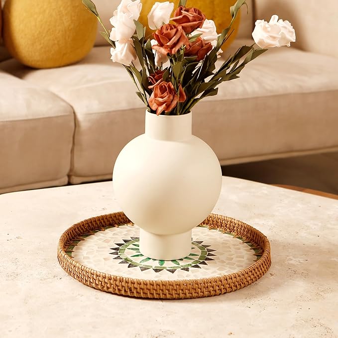Round Rattan Tray with Mother of Pearl Inlay & Wooden Base - Decorative Wicker Serving Tray for Coffee/Bread/Fruits, Food Storage & Display - Multipurpose Home Decor (M,Bohemia)-Ruum Studio Home