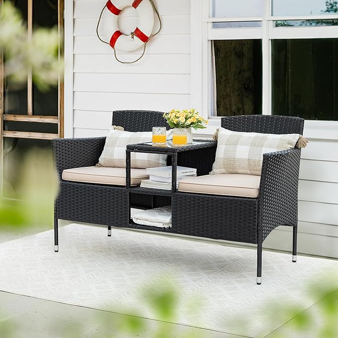 Flamaker Outdoor Furniture Patio Loveseat Wicker 2-Seat with Built-in Table and Cushions Rattan Porch Chairs Bench for Balcony, Lawn, Backyard (Beige)-Ruum Studio Home