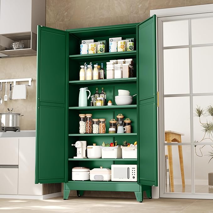 Kitchen Pantry Storage Cabinet with Doors and Adjustable Shelves, Metal ClosetMaid Food Pantry Cabinets, 75" Tall Freestanding Cupboard for Kitchen, Laundry or Utility Room, Green-Ruum Studio Home