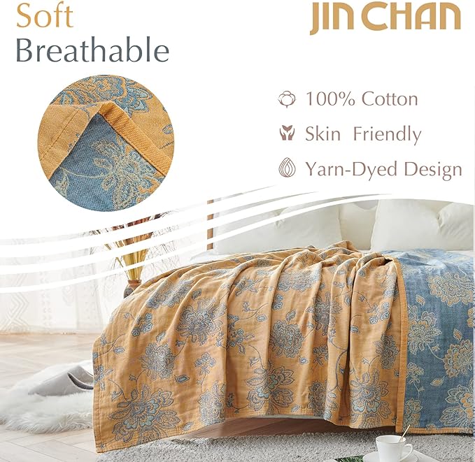 jinchan Boho 100% Cotton Muslin Twin Size 60x80 Inches Blanket Lightweight 4-Layer Quilted Soft Yellow and Blue Floral Throw Blanket Reversible Comfy Flower Breathable All Seasons Couch Bedroom Decor-Ruum Studio Home