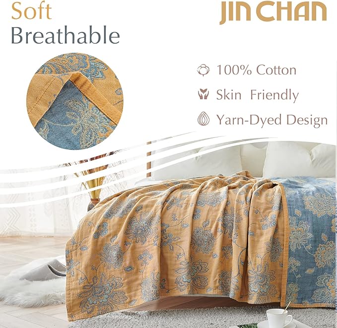 jinchan Boho 100% Cotton Muslin Twin Size 50x60 Inches Blanket Lightweight 4-Layer Quilted Soft Yellow and Blue Floral Throw Blanket Reversible Comfy Flower Breathable All Seasons Couch Bedroom Decor-Ruum Studio Home