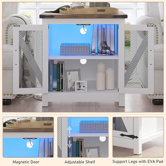 Farmhouse End Table, 24" Large Sofa Side Table with Charging Station, Mesh Barn Door, and Adjustable Storage Shelf, Rustic Wood Square Nightstand for Living Room, Bedroom, Office, White &Brown-Ruum Studio Home