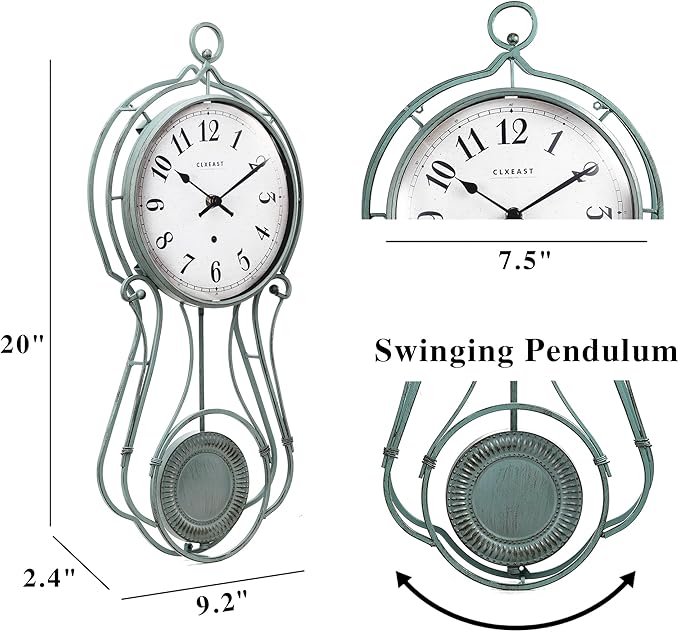 CLXEAST 20 Inch Metal Pendulum Wall Clock Battery Operated,Large Schoolhouse Wall Clocks for Living Room Decor,Antique Aged Teal Green Finish,House Warming Gifts New Home-Ruum Studio Home