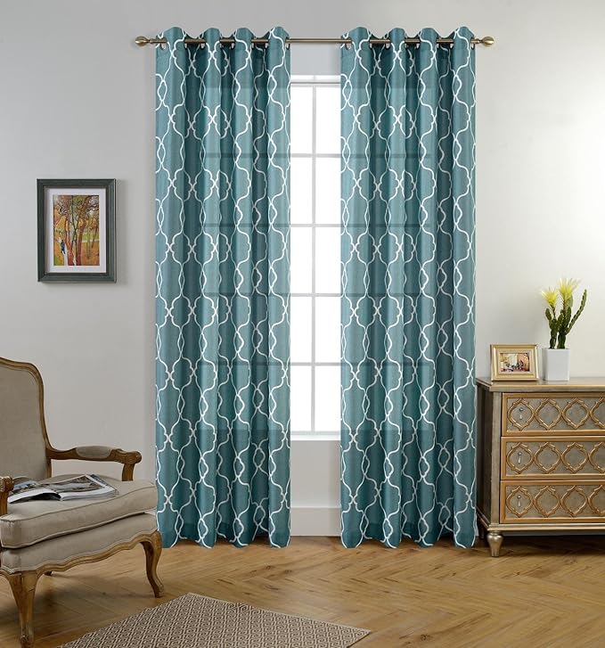 MIUCO Moroccan Embroidery Semi Sheers Curtain Faux Linen Grommet Window Curtains for Bedroom 52 x 95 Inch 2 Panels, Teal-Ruum Studio Home