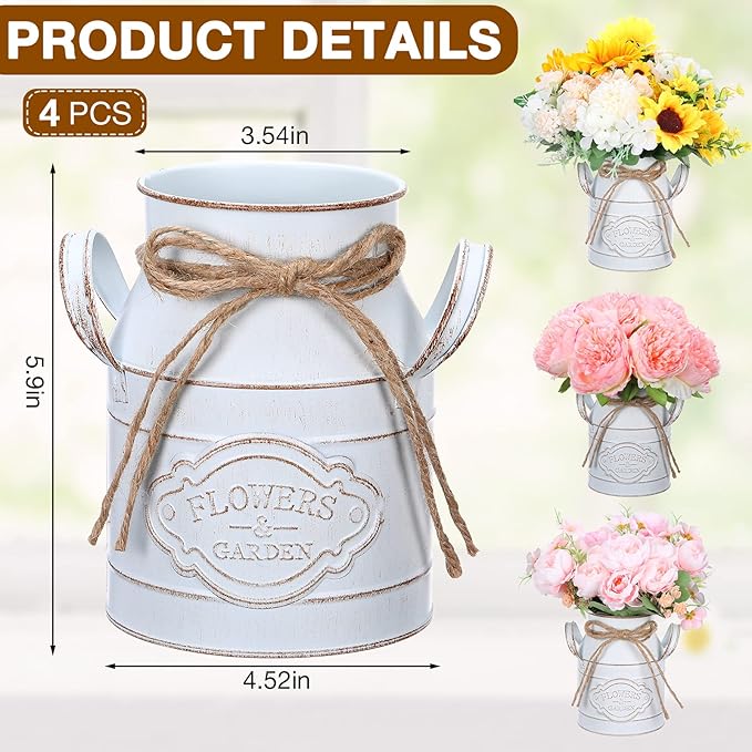 6 Inch Farmhouse Vase Decor Milk Can Vintage Flower Jug Galvanized Metal Vase with Handle Rustic Flower Buckets for Thanksgiving Christmas Table Centerpiece Weddings Gifts(Retro White,4 Pcs)-Ruum Studio Home