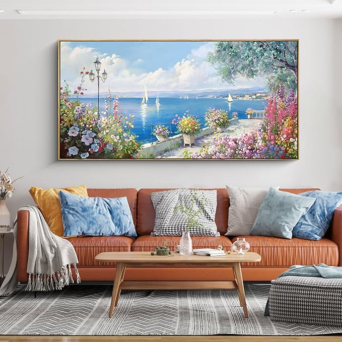 XLSJERST Large Coastal Wall Art - Ocean Seascape Canvas Yellow Green Flowers Painting Landscape Sailboat Picture Artwork Modern Large Framed for Living Room Bedroom Home Office Decor 58x29 Inches-Ruum Studio Home
