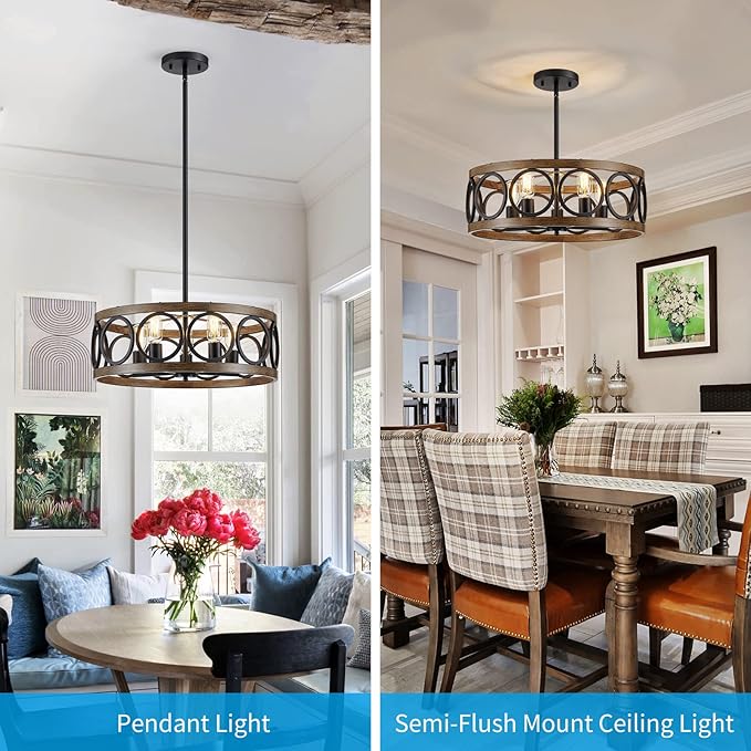 XINGQI 21.7'' Modern Chandelier, Farmhouse Drum Chandeliers for Dining Room Living Room Bedroom 5-Light Pendant Lighting Round Black Metal Antique Wood Grain Finish Adjustable-Ruum Studio Home