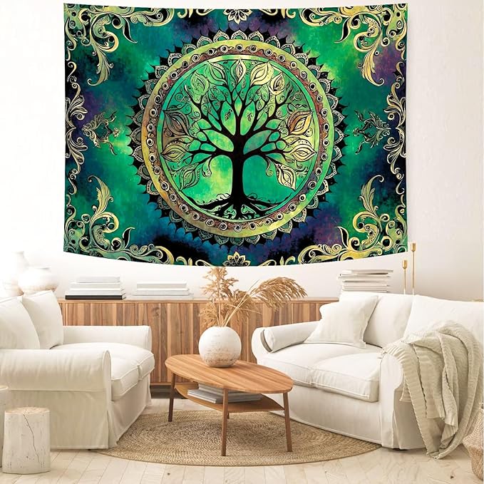 Delur Tree of Life Tapestry Green Nature Bohemian Mandala Spiritual Tapestry Wall Hanging Mystical Landscape Hippie Psychedelic Headboard for Bedroom Living Room Home Decor (70.8" x 92.5")-Ruum Studio Home