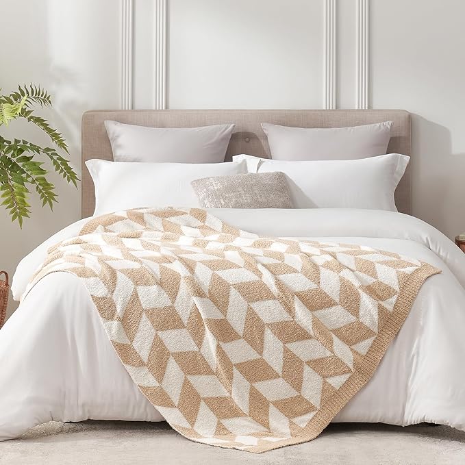 Snuggle Sac Chevron Throw Blanket for Couch, Reversible Super Soft Warm Blankets Cozy Knit Fuzzy Plush Lightweight Throws for Sofa, Bed, Camping, Beige,50x60 inches-Ruum Studio Home