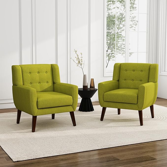 UIXE Accent Chairs Set of 2, Modern Upholstered Arm Chair, Mid-Century Club Armchair Comfy Single Lounge Sofa Button Tufted Living Room Reading Seat Bedroom Side Sitting for Home Office,Green-Ruum Studio Home