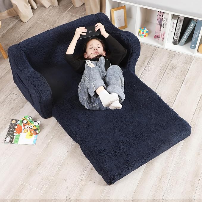 Kids Extra Wide Chairs for Toddler, 2-in-1 Toddler Soft Sherpa Couch Fold Out, Convertible Sofa to Lounger for Girls and Boys, Dark Blue-Ruum Studio Home