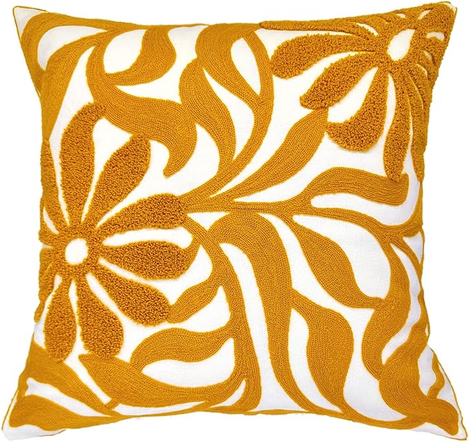 Alysheer Farmhouse Floral Leaves Embroidered Decorative Throw Pillow Cover 18x18 inches, Boho Tufted Flowers Embroidery Pattern Chic Cotton Cushion Case for Couch Bed Sofa Living Room(Mustard Yellow)-Ruum Studio Home