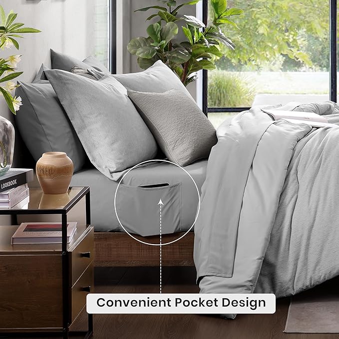Monbix Queen Comforter Set - 7 Pieces Cationic Dyeing Light Grey Bed in a Bag Queen Bedding Sets with Comforter, Sheets, Pillowcases & Shams, Reversible Bedding Comforters Sets-Ruum Studio Home