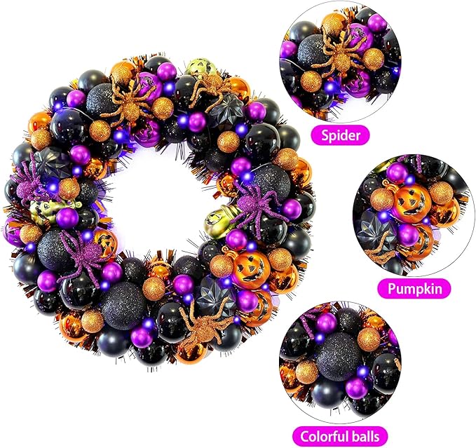 17 Inch Halloween Ball Wreath for Front Door with Lights, Lighted Cute Treat-or-Trick Door Wreath Ball Ornament for Halloween Indoor Decorations Centerpiece Party Holiday Wall Home Decor-Ruum Studio Home