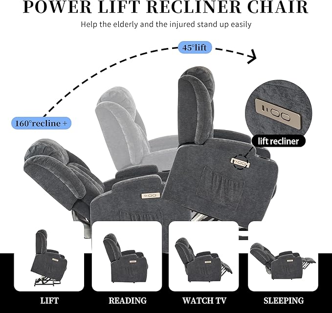 Power Lift Recliner Chair for Elderly with Massage and Heat, Recliner Chairs for Adults, Upgraded Fabric Reclining Sofa Chair with USB & Type-C Ports and Cup Holders, L1188(Grey)-Ruum Studio Home