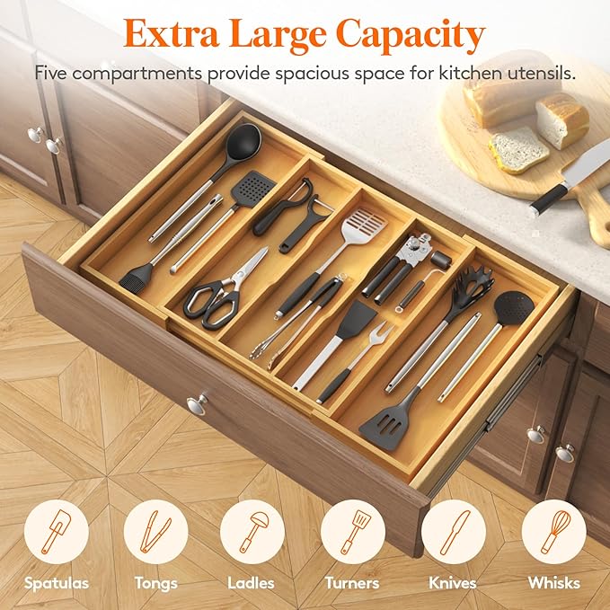 Lifewit Utensil Organizer for Kitchen Drawer, Expandable Cooking Utensil Tray, Bamboo Cutlery Silverware Flatware Holder, Adjustable Spatula Tools Gadget Storage Divider, 28 x18.5 x 2 inches, Natural-Ruum Studio Home