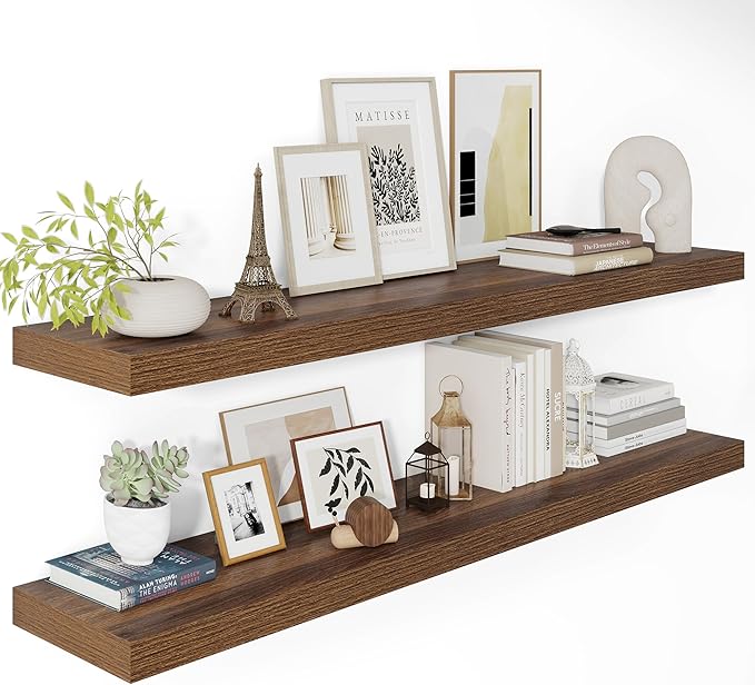 Wide Floating Shelves for Wall 12 Inch Deep, 48" X 12" X 2" Floating Shelf, 2 Inch Thick Shelf for Bathroom Bedroom Kitchen Book Room, Heavy Duty 75lbs Shelves for Farmhouse Decor Set of 2, Walnut-Ruum Studio Home
