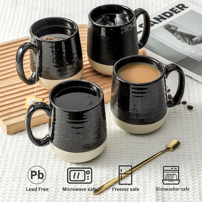 Hasense Ceramic Coffee Mugs Set, 15 oz Large Coffee Cups Set of 4, Tea Cups with Handle for Men and Women, Latte Mugs for Coffee, Tea, Milk, Hot Chocolate, Microwave Dishwasher Safe, Black-Ruum Studio Home