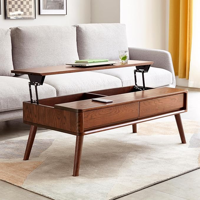 Solid Oak Wood Lift Top Coffee Table for Living Room, Mid Century Modern Tables with Drawers and Large Storage, Coffee Tables for Small Spaces (Oak Walnut Color, 39.37" W x 21.65" D x 25.59" H)-Ruum Studio Home