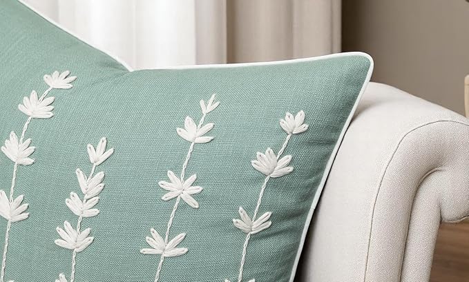 VAGMINE Hand Embroidered Daisy Accent Throw Pillow Cover - 18x18 Inches Square - 100% Cotton Light Teal Decorative Cushion Cover for Couch, Sofa, Bed - Textured Embroidery - Elegant Floral Home Décor-Ruum Studio Home