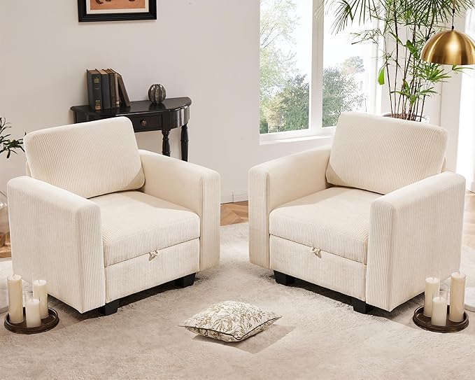 38.5 Oversized Accent Chair with Storage Ivory Corduroy Set of 2, Single Modern Accent Sofa with Arms Chair for Apartment Living Room (21" Deep Seat)-Ruum Studio Home