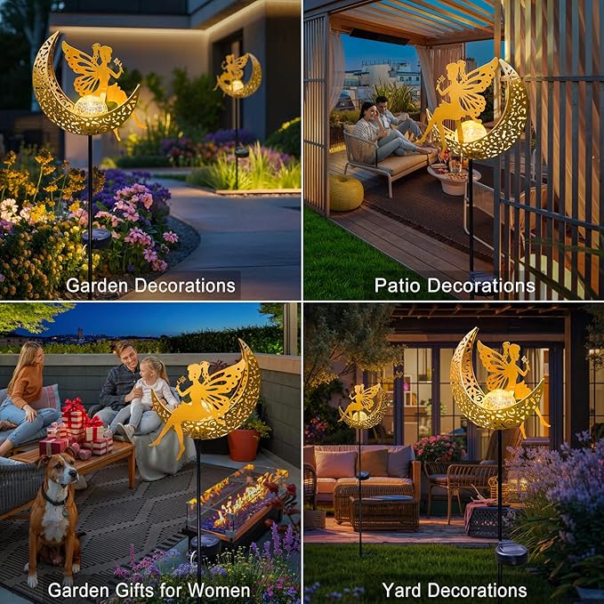 Fairy Moon Solar Lights Outdoor Garden Gifts for Mom Yard Decorations Stakes Lights, Waterproof LED Outside Backard Decor, Lawn Patio Ornaments, Mothers Day Birthday Gifts for Mom (Gold,1Pack)-Ruum Studio Home