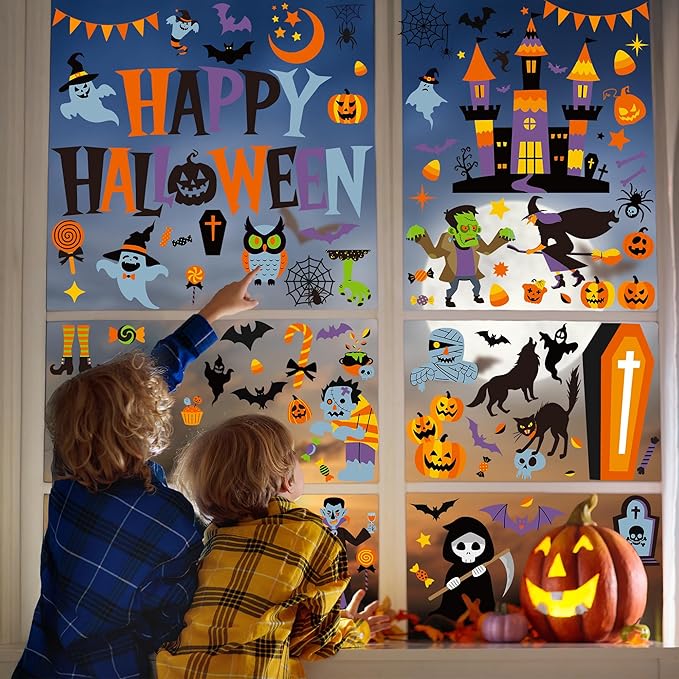 115PCS Halloween Window Clings, 9 Sheets Halloween Decorations, Cute Witch Tree Zombie Ghost Patterns PVC Window Stickers for Treat or Trick Party Favors Decal Supplies Decor Accessories-Ruum Studio Home