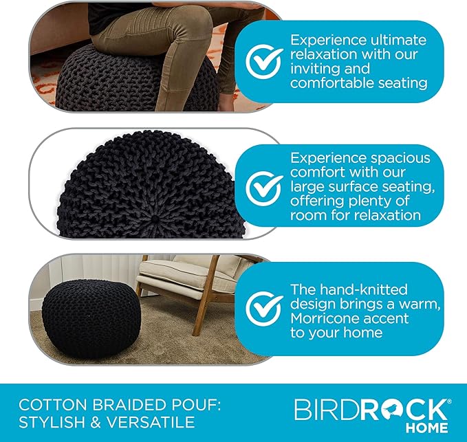 BIRDROCK HOME Round Pouf Ottoman | Cotton Braided Foot Stool with Bean Bag Filling | Boho Foot Rest for Living Room & Bedroom | Compact & Comfortable Seating, Lightweight & Soft | Charcoal-Ruum Studio Home