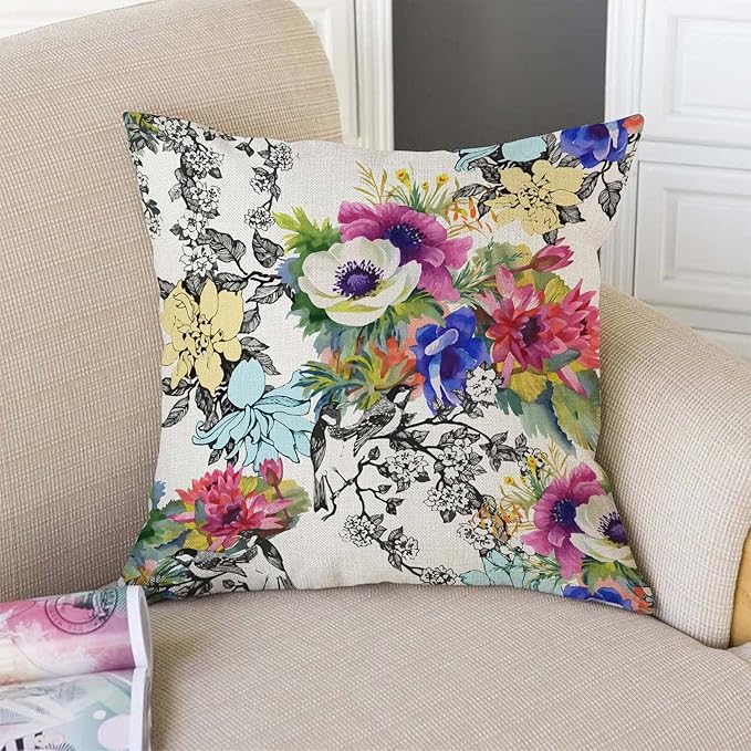 TSSOHU Throw Pillow Cover Vivid Colorful Garden Print Blossoming Wildflowers Birds Leaves Branches Decorative Throw Pillow Case Square 18" x 18" Home Couch Bed Pillowcase-Ruum Studio Home