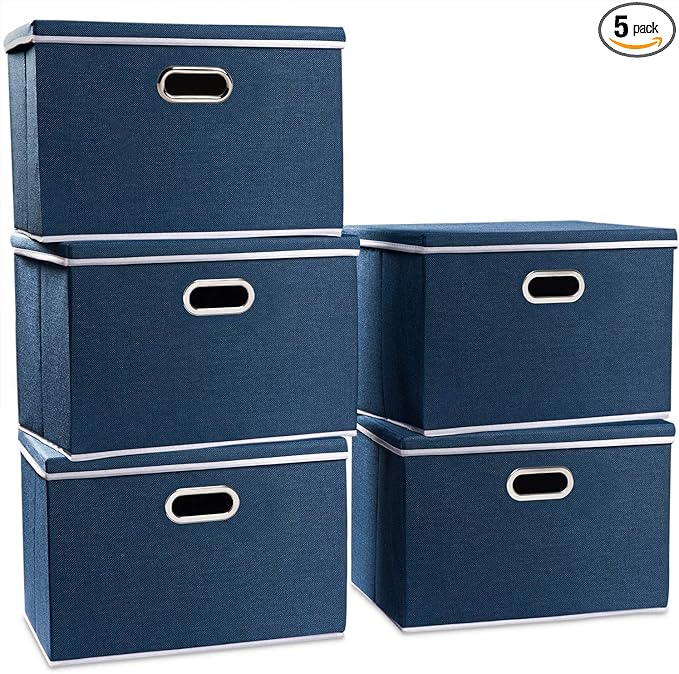 PRANDOM Large Collapsible Storage Bins with Lids [5-Pack] Fabric Foldable Storage Boxes Organizer Containers Baskets Cube with Cover for Home Bedroom Closet Office Royal Blue(17.7x11.8x11.8)-Ruum Studio Home