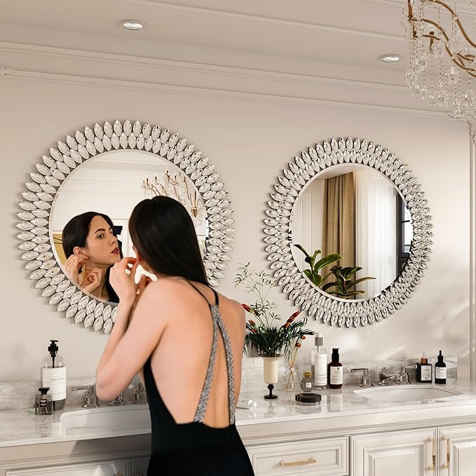 Kelly Miller Round Jeweled Mirror for Wall Decor, 32 in Modern Decorative Wall Mirror with Luxury Diamonds Beveled Vanity Mirror for Bedroom, Living Room, Bathroom, Hallway, Entryway, Fireplace-Ruum Studio Home