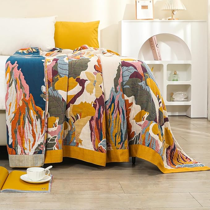 Boho Large Throw Blanket for Bed Couch 60" x 80 "100% Cotton Gauze Fall Blankets Home Decor Soft Lightweight for Sofa Quilt with Floral Butterfly-Ruum Studio Home