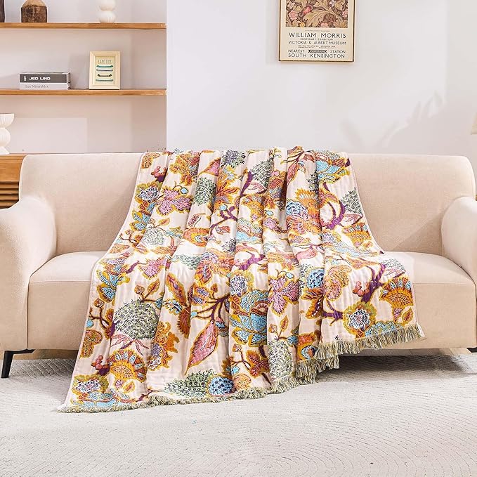 Boho Throw Blanket for Bed, 100% Cotton Soft Rustic Quilt Fall Blanket, 80"x90" Floral Printed Farmhouse Decor Bed Blankets, All Season Rustic Reversible Bohemian Throw Quilt-Ruum Studio Home