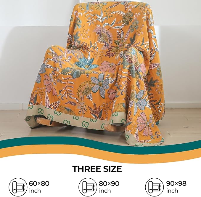 Boho Throw Blankets Reversible Luxurious Cotton Bed Throws with Vintage Bohemian Design & Yellow/Green Lightwight Floral Decor Blanket, Perfect as Bed Sofa Quilt 60" x 80"-Ruum Studio Home