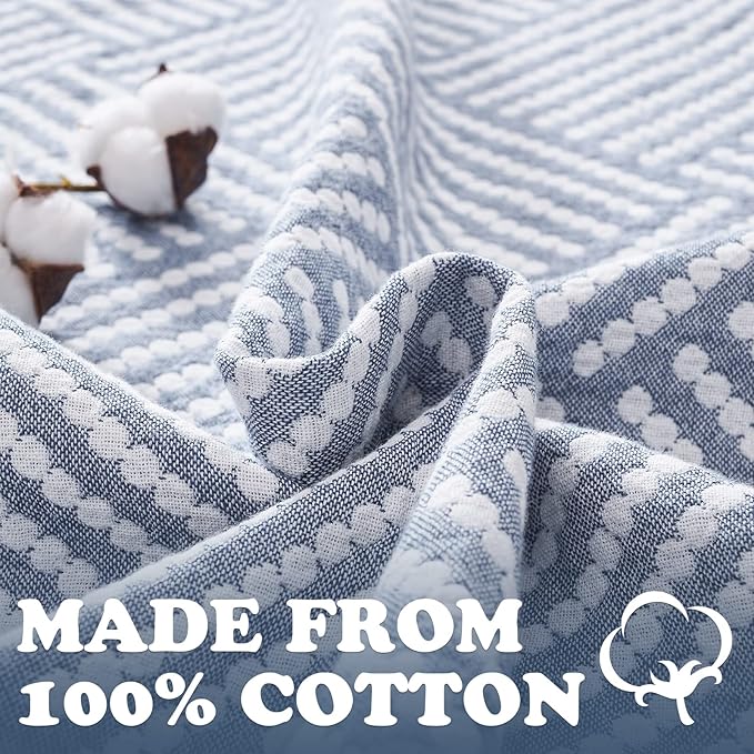 jinchan Boho 100% Cotton Blanket Muslin 50x60 Inches Lightweight 3-Layer Geometric Square Striped Pattern Reversible Quilt Throw Soft Breathable Comfy All Seasons for Couch Bed Decor, Blue-Ruum Studio Home