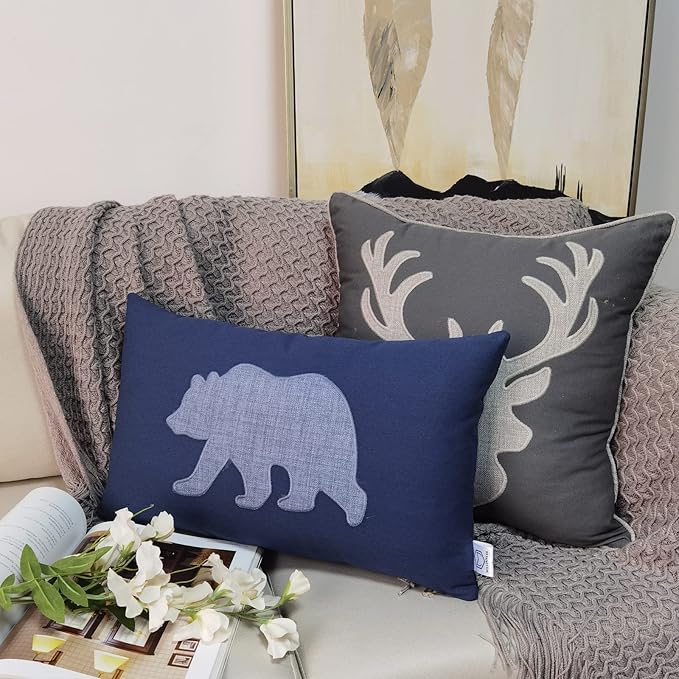 Lumbar Pillow Covers 12x20 Inches Bear Decorative Cotton Linen Throw Lumbar Waist Embroidered Cushions Covers for Couch Sofa Bedroom (Blue)-Ruum Studio Home